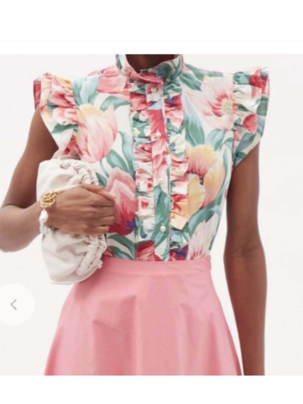 Batsheva Floral Ruffle Pearl Button Down Blouse, Size 2